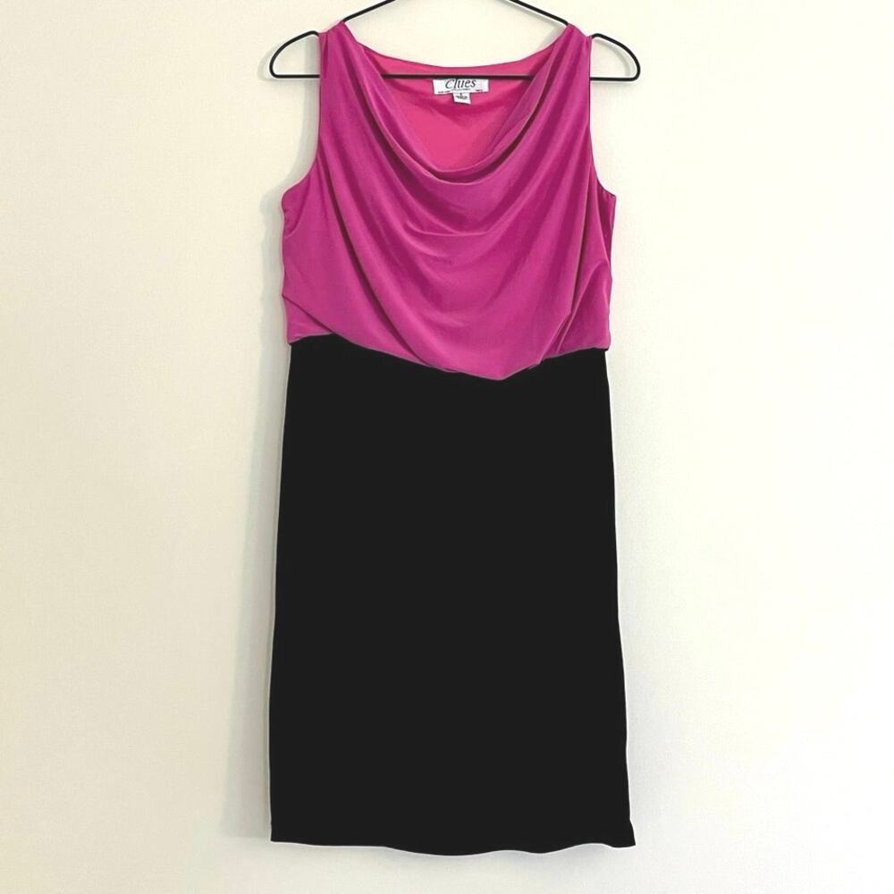 Vintage CLUES COLLECTION Size 6 90s Dress Cocktail Pink Black Cowl Form Fitting